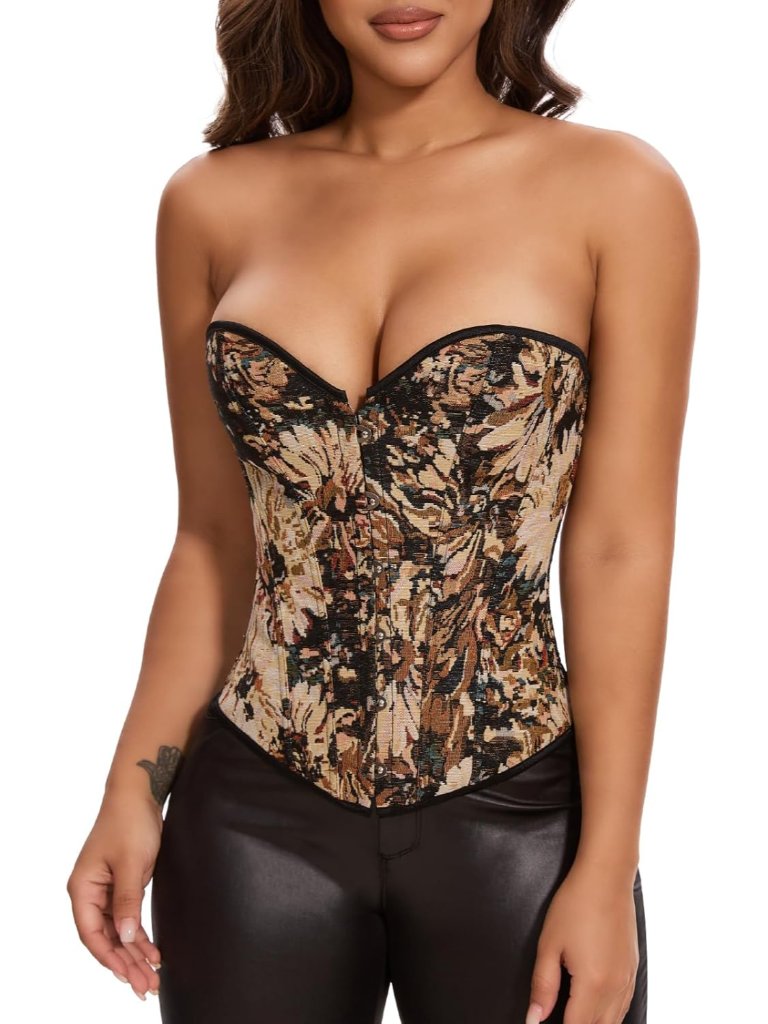 Women's Sexy Overbust Vintage Denim Corset Floral Pattern Bustier Top Lace Up